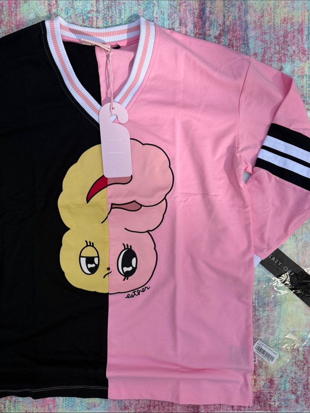Lazy Oaf Two-Tone Pink & Black V-Neck Sweater with Character Graphic